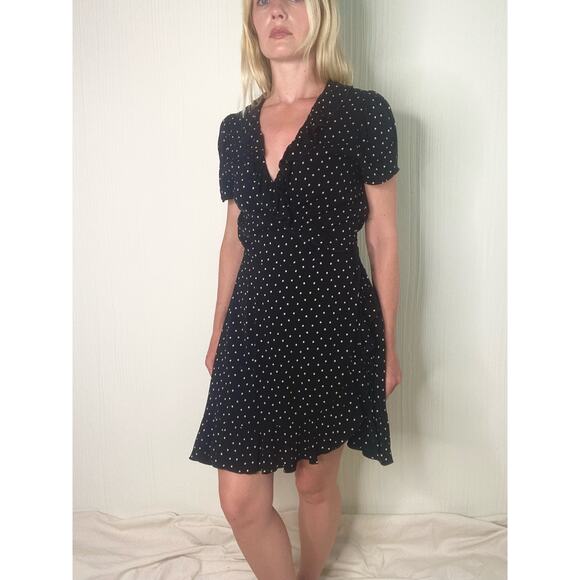 SUNDAY BEST B&W Polka Dot Short Sleeve Ruffle Trim Wrap Dress US MEDIUM NWT - Picture 7 of 16